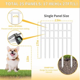 25 Pack Garden Animal Barrier Fence, 17in (H) X 27ft (L) No Dig Fence, Rustproof Metal Garden Fencing Border, Decorative Fencing Panel for Dog Rabbits Ground Stakes Defense, White