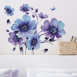 Blue Flower Wall Sticker Flower Plant Butterfly Wallpaper Sticker Removable Fashionable Floral Butterfly Dancing Between Flowers Home Wall Sticker Decor Art Wall Decor Wall Decor Art Wall Decor Wall