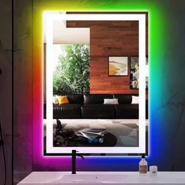 THEKLA 20 x 30 Inch Square Bathroom Vanity Mirror with Front Lights 3 Color + Rainbow Color Changing Light RGB Backlit Lighted Mirror for Bathroom Wall 30" Colorful Smart Light up LED Mirror Bathroom