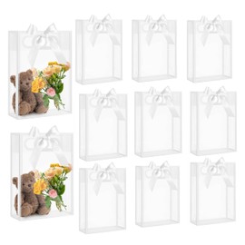 12 Pcs Clear PVC Gift Bag with Handles, Plastic Party Favor Bags with Ribbon,Reusable Transparent Bags for Wedding Bridal Baby Shower Birthday (White, 15 x 24 x 8 cm)