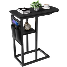 eiskah C Table End Table with Side Pocket, Couch C Shaped Side Table for Living Room, Bedroom, Tall Side Table with Storage Bag for Sofa, Snack Tray Tables for Couch