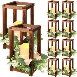 Hushee 10 Set 30 Pcs Wooden Wedding Lantern Centerpiece Integrated Candle Holders with Candles and Candle Wreaths Rustic Wooden Candle Lantern Decor for Wedding Party Table Valentine Decor(Fresh)