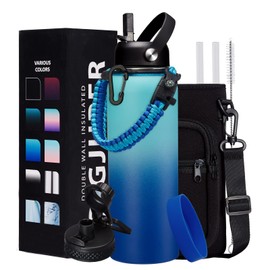 Stainless Steel Water Bottle 40oz - Insulated Water Bottle with Straw & Spout Lids, Survival Paracord, Strap Sleeve, Protective Cup Mat, Wide Mouth Thermo Flask Jug for Sports Gym or Office