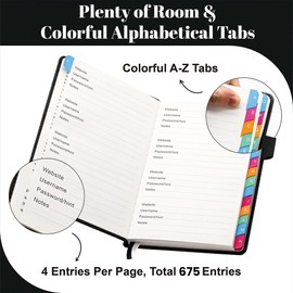 Witsbrez Password Keeper Book with Colorful Alphabetical Tabs, 4”x6” Small Password Books for Seniors, Password Notebook Organizer for Internet Website Address Login (Black)