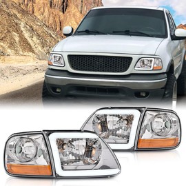 ALLGOOD LED Tube Headlights & Corner Parking Lights Compatible with 1997-2002 Ford Expedition /1998-2004 Ford F150 / 1997-1999 F250 Clear Lens Chrome Housing Amber Reflector