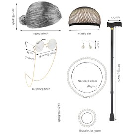 Tuoweey 9PC Women Adult Old Lady Costume adult 100 Days of School Granny Grandma Wig Nightgown Dress Set (Red, L/XL)