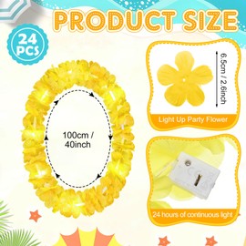 Sherr 24 Pcs LED Leis Light Up Wedding Hawaiian Leis Flower Necklace with LED Lights Beach Tropical Carnival Party Wedding Supplies Luau for Masquerade(Bright Yellow)