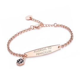 LinnaLove Medical Alert Bracelets for Women Stainless Steel Simple Rolo Chain Medical id Bracelets with Free Engraving 6.5-8 inches Adjusted-Rose Gold-Allergic to penicillin