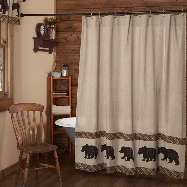 VHC Brands Rustic & Lodge Bath Tan Curtain, Shower 72x72, Wyatt Bear