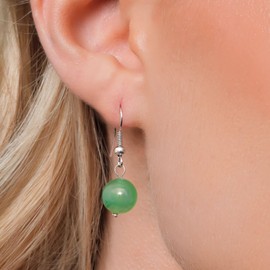 Gem Stone King Green Simulated Jade Dangle Earrings for Women | 10mm Drop Round Bead Earrings
