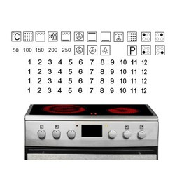 Cooker Symbol Sticker Set for Cooker Labelling (RPt32) (8 mm White Background and Black Signs)