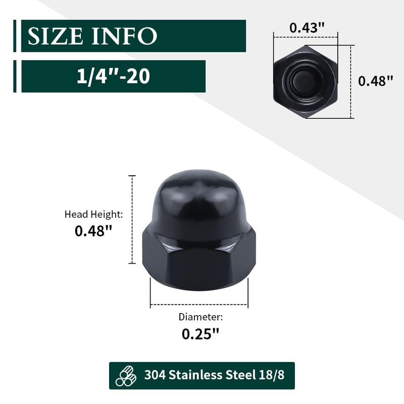 1/4"-20 Hex Head Acorn Cap Nuts, 304 Stainless Steel 18-8