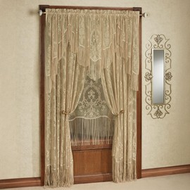 Queen's Lace Fringed Window Treatment | Antique Gold | Traditional Medallion Motif Polyester Lace with Long Self-Fringed Edges | 5-pc Set: Ascot Valance, 38L Swag Pair, 1-63L Panel, & 2-84L Curtains