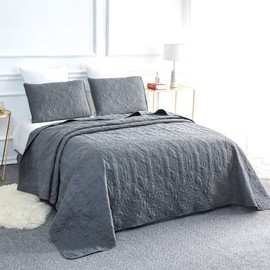 Sophia and William 3 Pieces Quilt Set King Size with 1 Quilt and 2 Pillow Shams, Reversible Microfiber Bedding Bedspread Coverlet Set, Cozy, Lightweight and Hypoallergenic, Grey