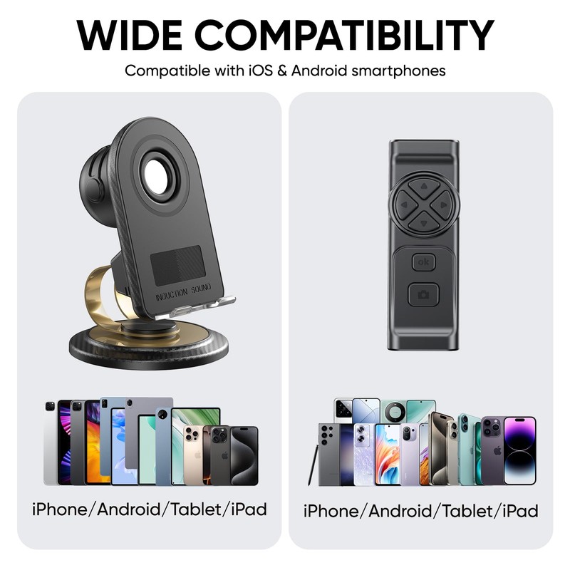 Cell Phone Stand with Instant Wireless Induction Bluetooth Speaker(Video Control/Camera