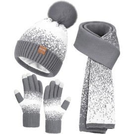 Winter Beanie Hat Scarf Gloves Set for Women, 3 PCS Warm Beanie with Pom Pom Long Knit Neck Scarf Touchscreen Gloves Fleece Lined Hat Winter Gifts for Cold Weather Birthday Christmas Gifts for Adult