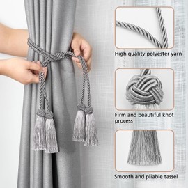 Pretty Jolly Pack of 2 Double Tassel Curtain Tiebacks Handmade Rope Knot Drape Tieback Tie Back Elegant Decorative Curtain Holdbacks for Home & Office Window Drapery (Grey)