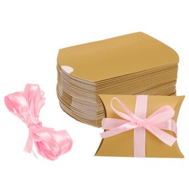 uxcell 50Pcs Pillow Boxes 3.5 x 2.8 x 1 Inch Gift Boxes with Ribbons, Presents Paper Candy Favor Boxes for Gift Wrap Wedding Birthday Party, Gold Tone
