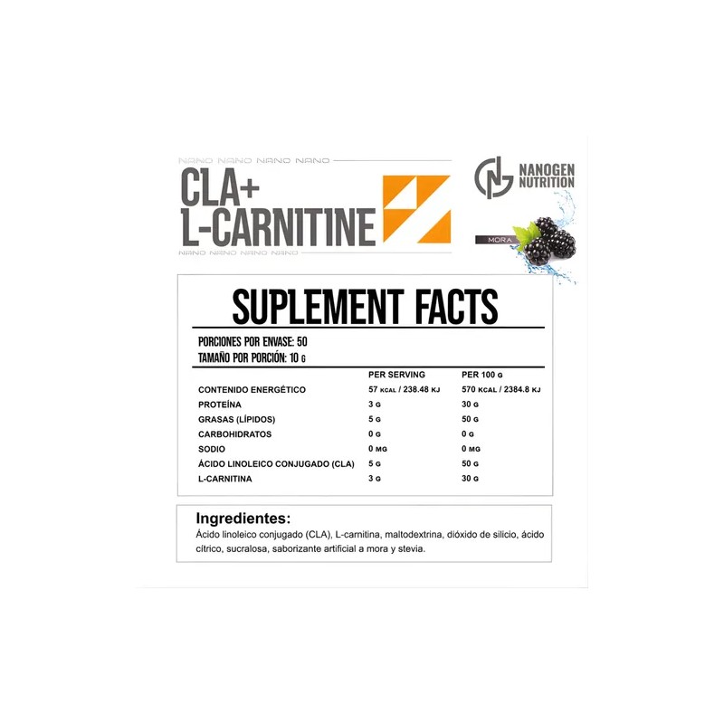Cla + Carnitina Suplemento Nanogen Nutrition 500g 50 Servs