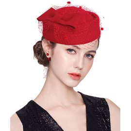 ELLYDOOR Wool Fascinator Hat Winter Wool Felt Pillbox Hat for Women Wedding Church Hat Veil Bowknot Fedoras Red