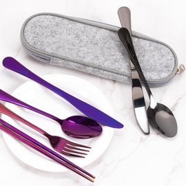 Travel Cutlery Set with Case, Reusable Stainless Steel Utensils Set, Portable Camping Utensils Set for Lunch Box Bag, 8-Piece Flatware Silverware Sets (Purple)