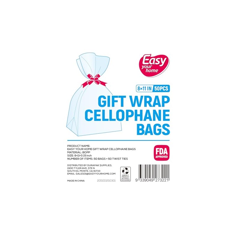 EASYYOURHOME 50 Gift Wrap Cellophane Bags 8x11in