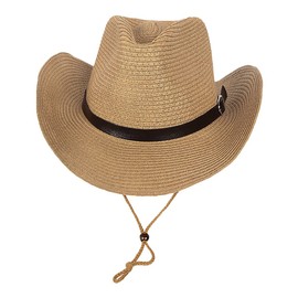ITODA Straw Panama Hat Classic Western Cowboy Hat Wide Brim Beach Hat UPF 50+ Summer Fedora Trilby Hat Packable Outdoor Travel Hat with Chin Strap for Men Women Khaki