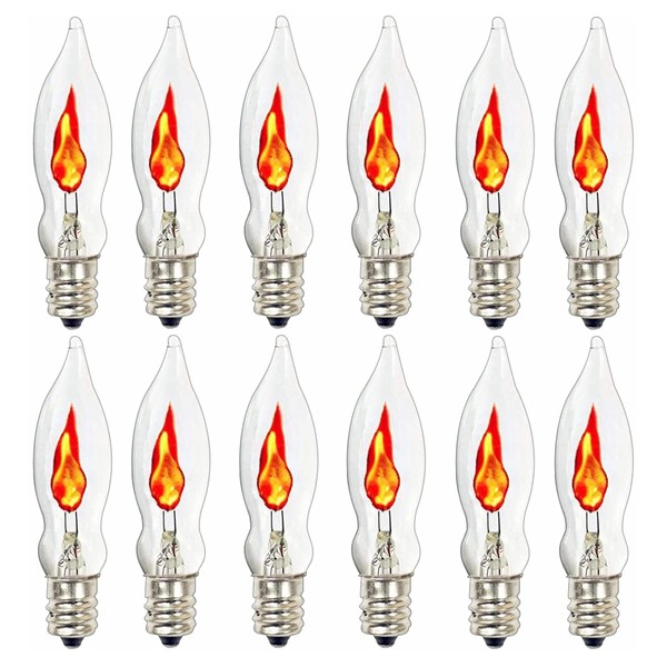 SUNSGNE Christmas Flicker Flame Light Bulbs, Crystal Clear Flame Tip Candelabra Bulbs, Flickering Replacement Bulbs Dances with a Orange Flame, 1 Watt, 120 Volt, E12 Candelabra Base, 12 Pack