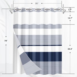 Nesphy No Hook Navy Blue Shower Curtain with Snap in Fabric Liner Set, Boho Striped Modern Double Layers Waterproof Fabric with See Through Top Window Open Grommet Bath Curtain 71x74 Inch