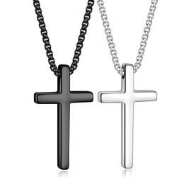 Yooblue Cross Necklace for Men - Cross Chain for Men, Silver Black Stainless Steel Cross Pendant Necklace for Men, Necklace for Men, Men Jewelry, Silver Black Chain for Men 30 Inch