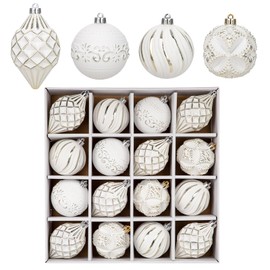 16PCS Shatterproof Christmas Ball Ornaments Set, Hand-Painted Holiday Decor with Assorted Sizes & Designs for Christmas Tree Thanksgiving Party Decoration, Champagne-White