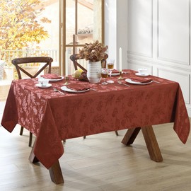 Elrene Home Fashions Elegant Woven Leaves Jacquard Damask Wrinkle Resistant Tablecloth, 60" x 102, Oblong, Spice Red