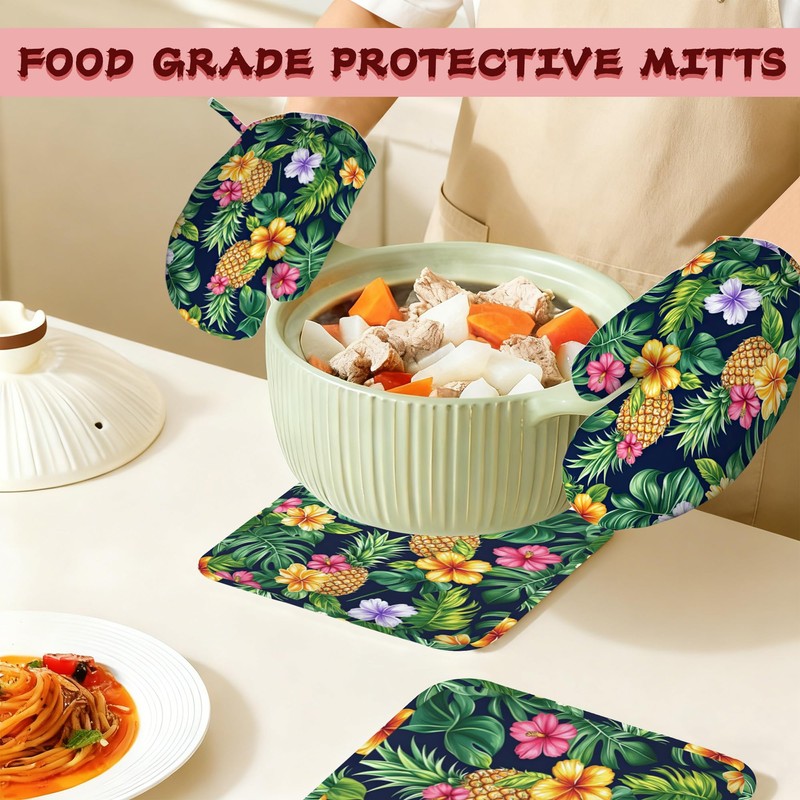 Pineapple Heat-Resistant Silicone Oven Mitts and Pot Holders,Hawaiian Tropical Palm