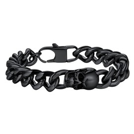 FaithHeart Punk Skull Bracelet Sturdy Cuban Link Chains Black Stainless Steel Gothic Skeleton Jewelry for Men Female