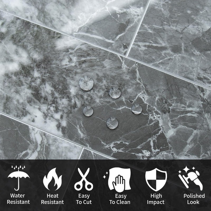 AULIGET 40-Piece Polished Grey Marble with Silver Peel and Stick