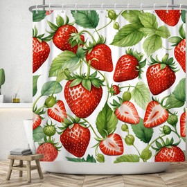 ASDCXZ Strawberry Shower Curtain 180 x 200 cm, Spring Summer Simplicity Red Strawberry Green Leaves White Bathroom Washable Shower Curtains Polyester Textile Waterproof Bath Curtain for Bath with 12