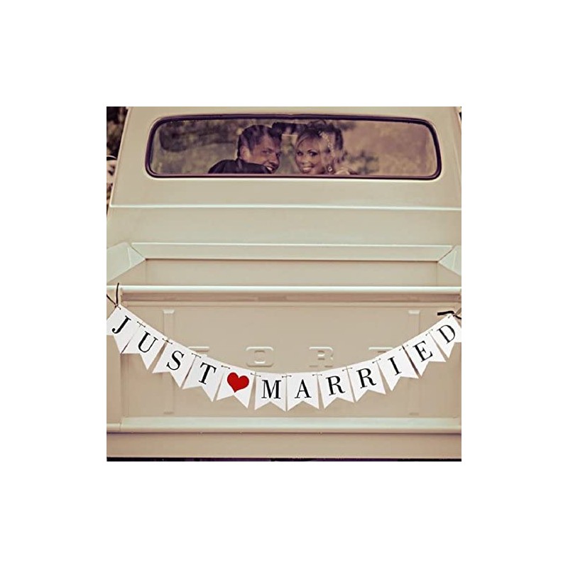 JZK "Just Married Bunting Banner Flags with Ribbon, Decoration for