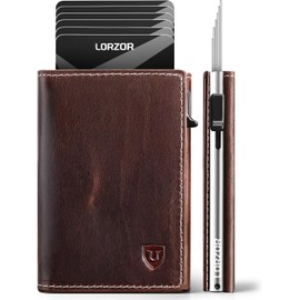 LORZOR Wallet for Men with Metal Card Holder, Pop Up Wallet, Finest Full Grain Leather Trifold Wallet, Smart, Minimalist, RFID Blocking, Front Pocket, ID Window, VintageBrown/Silver