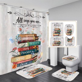 DDQQ Colorful Books Shower Curtain Set with Non-Slip Rugs, Inspirational Quotes Floral Books Bathroom Decor Accessories Sets with Hooks, Bathroom Decor Set