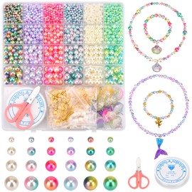 Pearl Beads for Jewelry Making with Scissor Cord Charms Colorful Different Size Round Loose Pearls for Crafts with Holes for Bracelets Making Kit Small Pearl Filler Beads for Diy Necklace Earrings