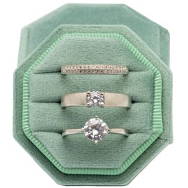 Giftop Equal Octagon Velvet Ring Box Storage 3 Slots for Wedding Ceremony Proposal Engagement Birthday Gift (Sage Green)