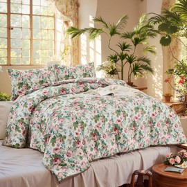 Rose Red Floral Queen Bedding Romantic Girls Comforter Set Soft Botanical Vintage & Country Home Decor for All Season