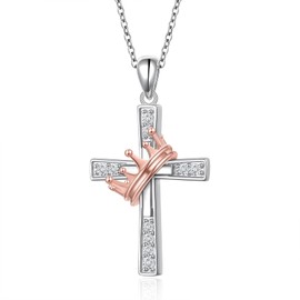 DAOSHANG Cross Necklaces with Rose-Golden Crown Pendant Necklace For Women 925 Sterling Silver Cubic Zircon Adjustable Chain 18+2" Faith Present Jewelry Birthday Chrismas Valentine's Day for Friend