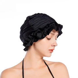 aoozleny Swimming Cap Quick Drying Ruffled Edge Black Swimming Cap for Long Hair Women