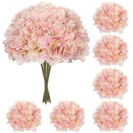 Hollyone - 6 cabezas de flores artificiales de hortensia rosa claro con tallos de seda de hortensia de imitación rosa flores falsas para el hogar, interior, exterior, bricolaje, flores, ramos de