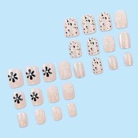 Hkanlre Short Grey Square Fake Nails Tips Press on Nails Full Cover False Flower Nails for Women 24PCS
