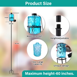 4 Pack Blue Glass Garden Torch,60-Inch Outdoor Torch Garden Décor, Upgraded 12 oz Citronella Torches with 3-Prong Grounded Stake,Metal Light Torches for Party Patio Pathway