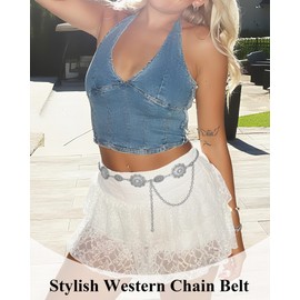 SUOSDEY Western Concho Belts for Women Cowgirl Metal Waist Silver Chain Belt for Boho Dresses Jeans Country Concert Outfits
