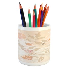 Lunarable Rose Pencil Pen Holder, Romantic Feminine Blossoming Flower Hand Drawn Valentines Day Themed Petals, Printed Ceramic Pencil Pen Holder for Desk Office Accessory, Pale Peach and Brown