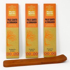 Mystic Spirits Palo Santo & Cinnamon Smudge Incense Sticks Set – 3 Packs with Wooden Holder – Handcrafted Natural Aroma for Prosperity & Love, Meditation, Yoga, Cleansing Rituals